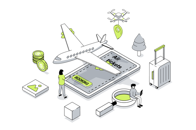 Gente comprando billetes de avión con equipaje.  Ilustración