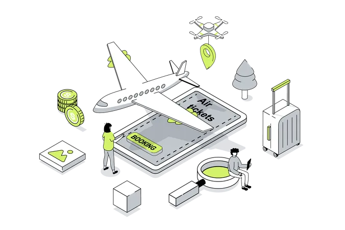 Gente comprando billetes de avión con equipaje.  Ilustración