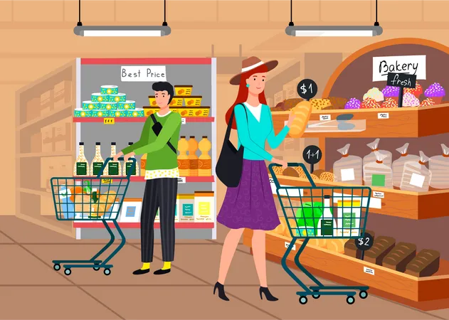 Personas comprando comestibles en el supermercado  Ilustración