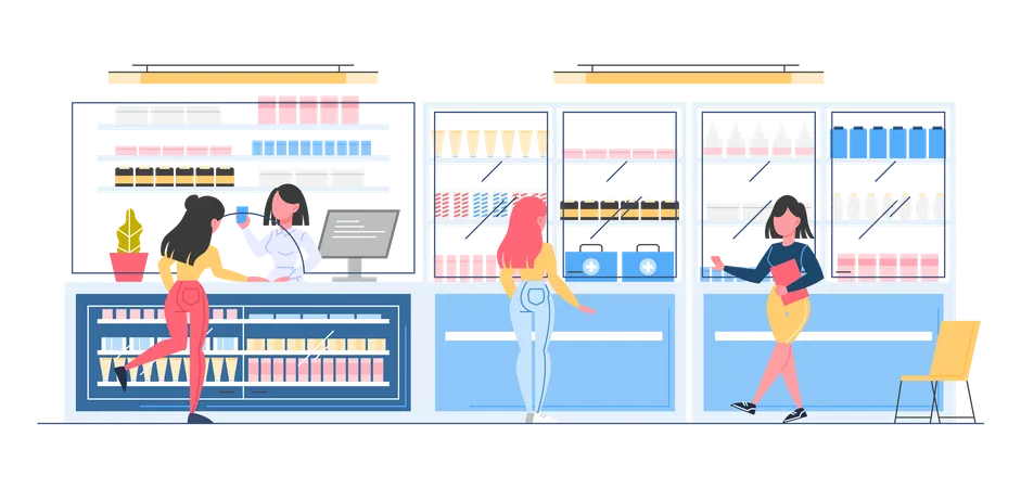 Personas comprando medicamentos en la farmacia  Illustration