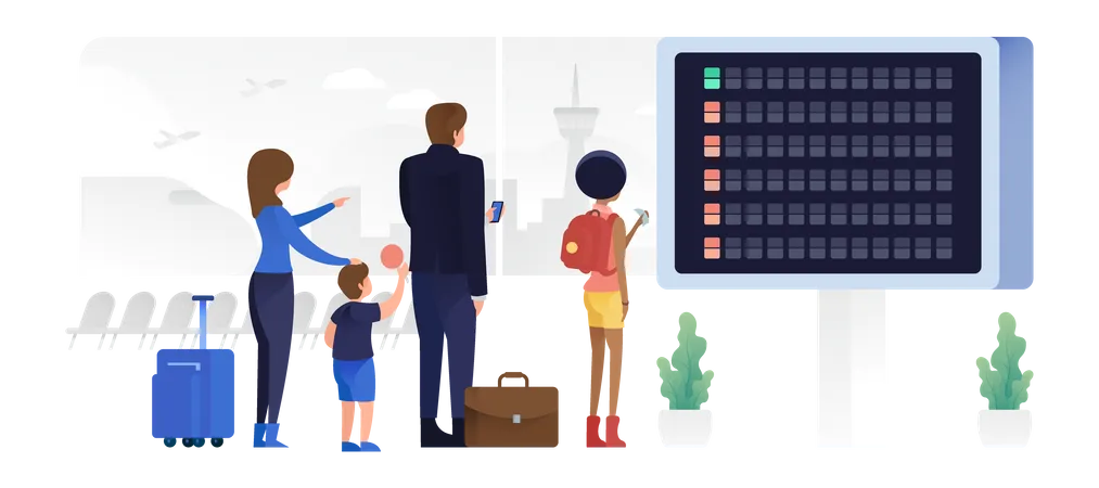 Personas revisando el tablero de salidas esperando su vuelo  Ilustración