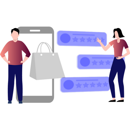 Personas revisando reseñas de productos en dispositivos móviles  Ilustración
