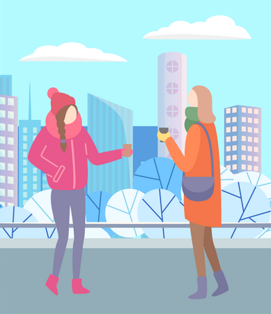 Gente comunicándose en la calle durante el invierno.  Ilustración