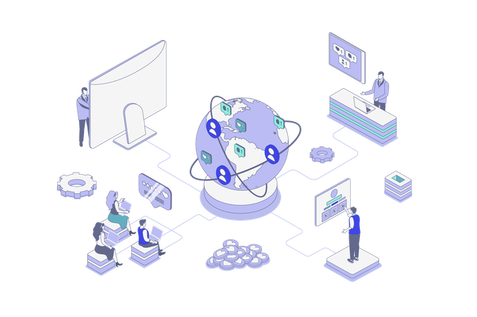Personas comunicándose en línea con amigos globales  Ilustración
