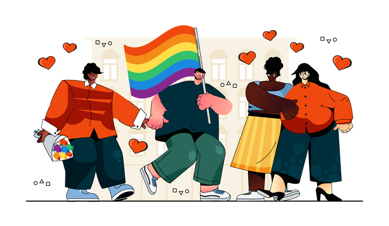 Personas con banderas de arcoíris en el desfile del orgullo gay, felices parejas multirraciales gays y lesbianas en el evento Ilustración