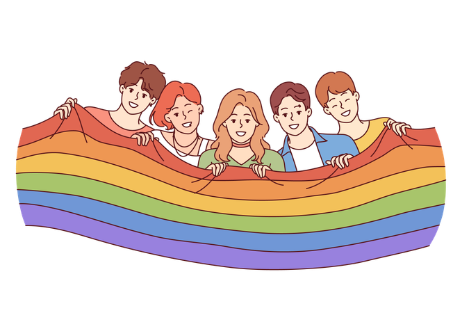 Personas con bandera LGBT celebrando el mes del orgullo  Ilustración