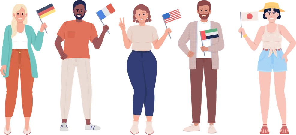 Personas con banderas de países  Ilustración