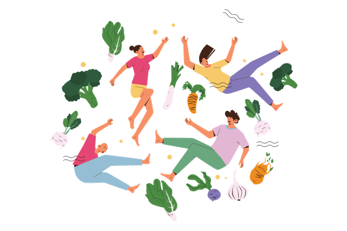 Personas con comida sana.  Ilustración
