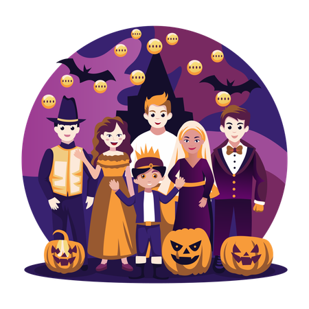 Personas con disfraces aterradores que representan el feliz festival de Halloween  Ilustración