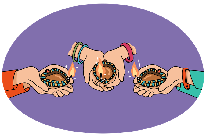 Personas sosteniendo bolas de aceite celebran el festival de Diwali  Ilustración