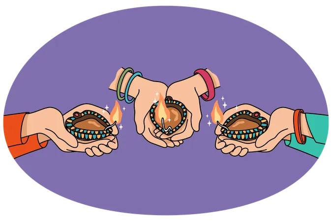 Personas sosteniendo bolas de aceite celebran el festival de Diwali  Ilustración