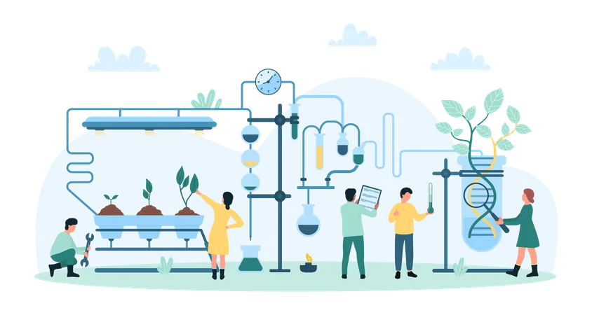 Personas con lupa cultivando plantas en laboratorio de investigación  Ilustración
