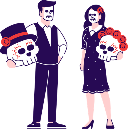 Personas con maquillaje y disfraces de calaveras de azúcar.  Ilustración