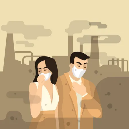 Concepto De Contaminacion Del Aire Personas Con Mascarilla Que Sufren De Smog Ecologia En Peligro Polvo Insalubre Chimenea De Fabrica Al Fondo Ilustracion Vectorial En Estilo De Dibujos Animados Ilustración