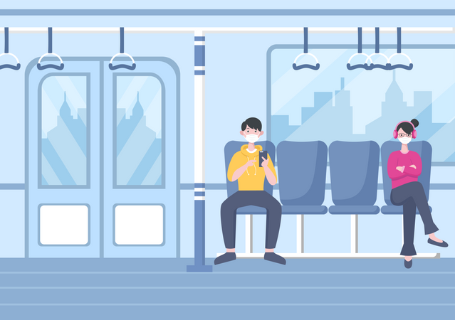 Personas con mascarilla viajando en metro.  Ilustración