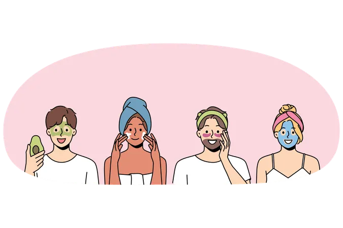 Las personas con mascarillas de belleza en la cara usan cremas orgánicas para eliminar las arrugas y rejuvenecer la piel.  Ilustración