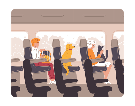 Personas con mascotas en el tren  Ilustración