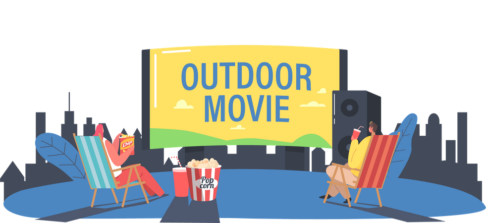Personas con palomitas de maíz en el cine al aire libre en el patio trasero de la casa o en el parque de la ciudad  Ilustración