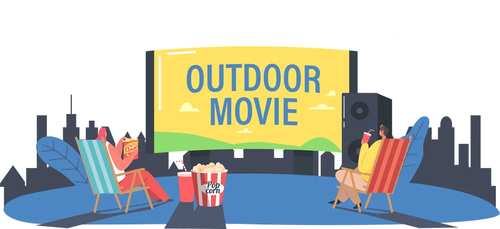 Personas con palomitas de maíz en el cine al aire libre en el patio trasero de la casa o en el parque de la ciudad  Ilustración