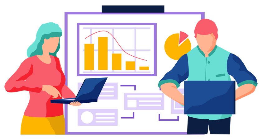 Las personas con portátiles trabajan con análisis de datos estadísticos.  Ilustración