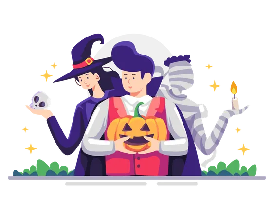 Personas vestidas con ropa de Halloween en fiesta  Ilustración