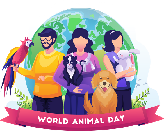 Personas con sus mascotas celebrando el día mundial de los animales.  Ilustración