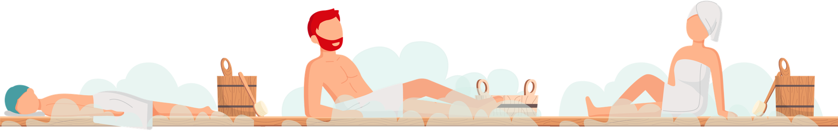 Personas con toallas de baño y vapor caliente en la sauna  Ilustración