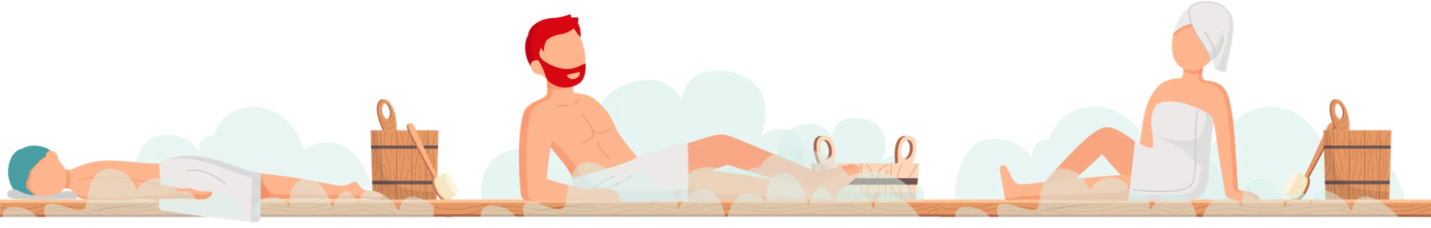 Personas con toallas de baño y vapor caliente en la sauna  Ilustración