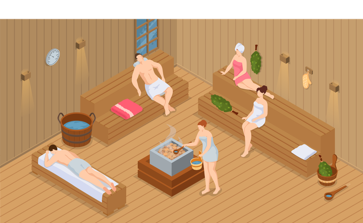Personas con toallas de baño sentadas en un banco de madera en una sauna de vapor caliente  Ilustración