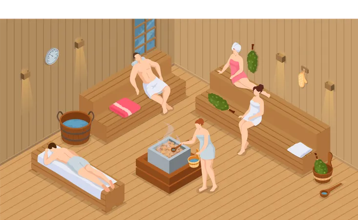 Personas con toallas de baño sentadas en un banco de madera en una sauna de vapor caliente  Ilustración