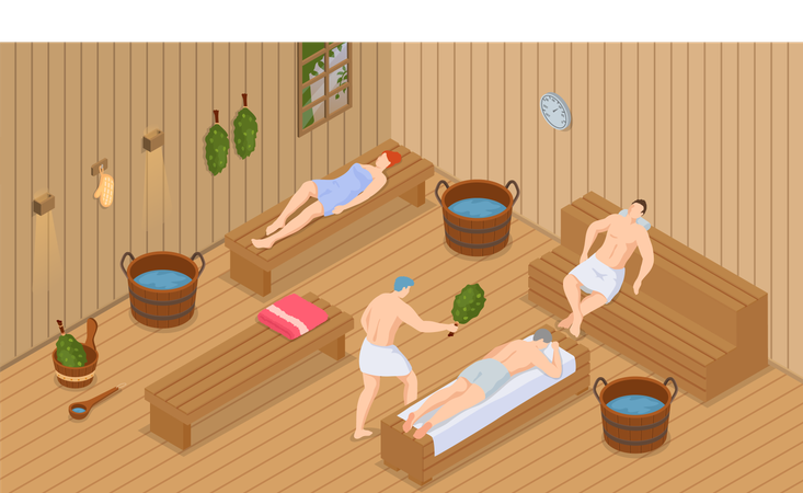Personas con toallas de baño sentadas en un banco de madera en una sauna de vapor caliente  Ilustración