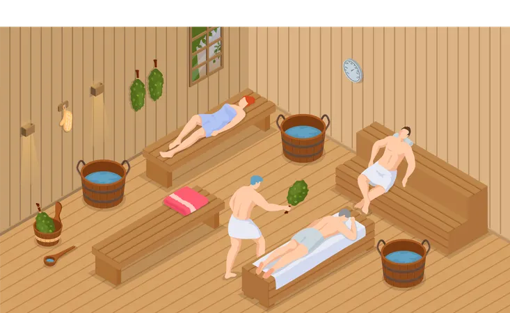Personas con toallas de baño sentadas en un banco de madera en una sauna de vapor caliente  Ilustración