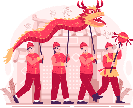 Personas con trajes tradicionales realizan una danza del dragón frente a la puerta del templo para la celebración del Año Nuevo Chino  Ilustración