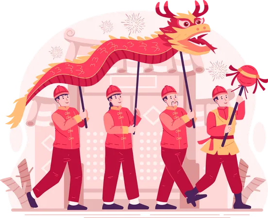 Personas con trajes tradicionales realizan una danza del dragón frente a la puerta del templo para la celebración del Año Nuevo Chino  Ilustración