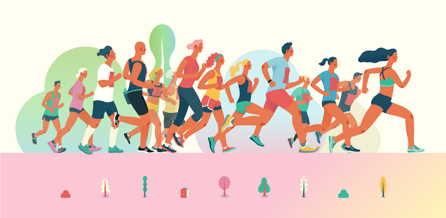 Gente corriendo en carrera de maratón  Ilustración