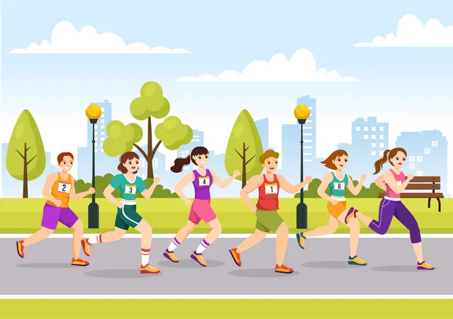 Gente corriendo en carrera de maratón  Ilustración