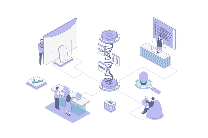 Personas que crean prototipos de la estructura interna y la codificación del sitio web  Ilustración