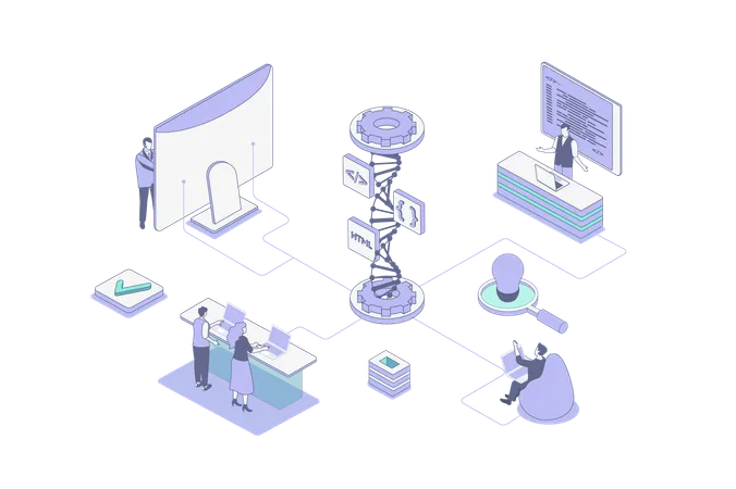 Personas que crean prototipos de la estructura interna y la codificación del sitio web  Ilustración