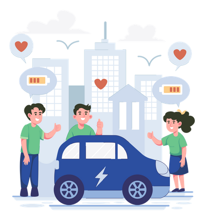 Personas dando reseñas de autos eléctricos  Ilustración