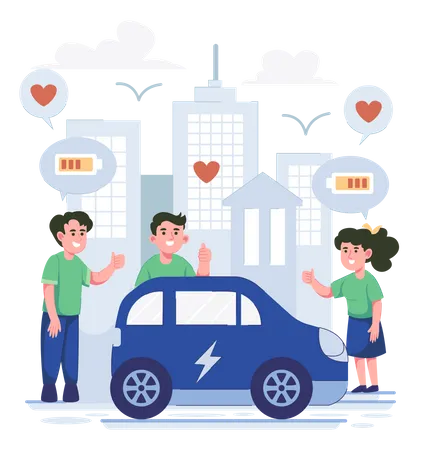 Personas dando reseñas de autos eléctricos  Ilustración