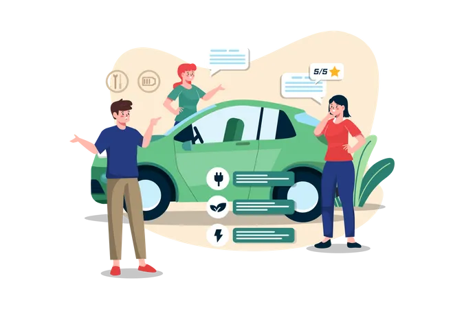 Personas dando opiniones sobre coches eléctricos  Ilustración