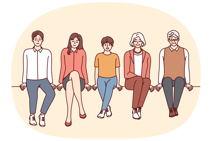 Personas de diferentes edades vestidas de manera informal se sientan en fila y miran la pantalla.  Ilustración