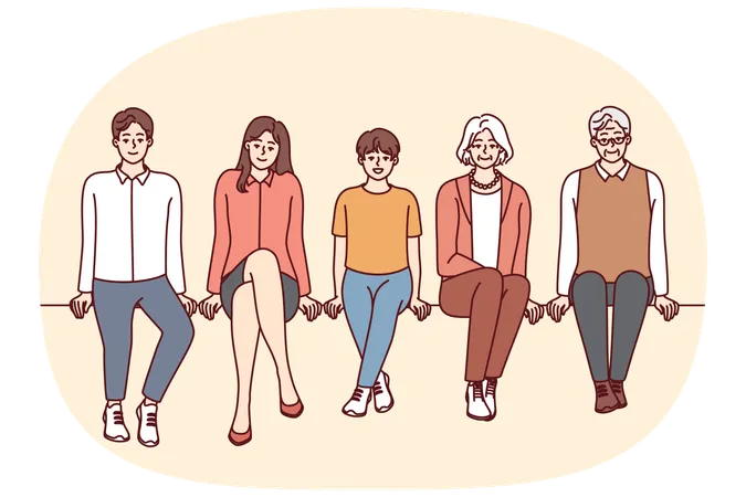 Personas de diferentes edades vestidas de manera informal se sientan en fila y miran la pantalla.  Ilustración