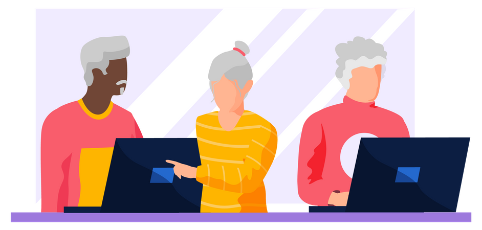 Personas mayores trabajando en una computadora portátil  Ilustración