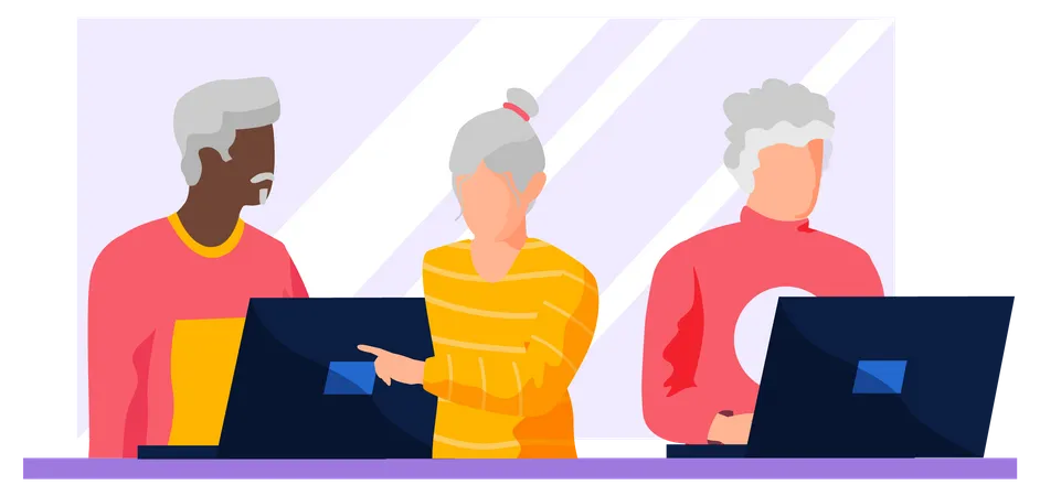 Personas mayores trabajando en una computadora portátil  Ilustración