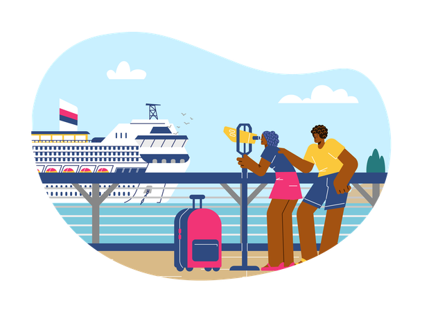 Personas de pie en el muelle mirando el crucero a través de binoculares.  Ilustración