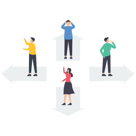 Personas paradas en flechas en diferentes direcciones  Ilustración