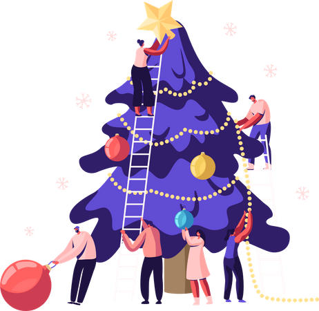 Gente decorando el árbol de navidad  Ilustración