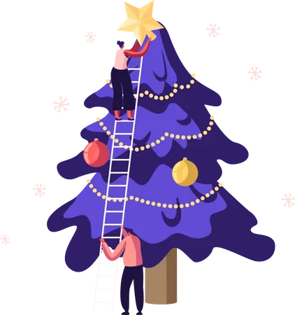 Gente decorando el árbol de navidad  Ilustración