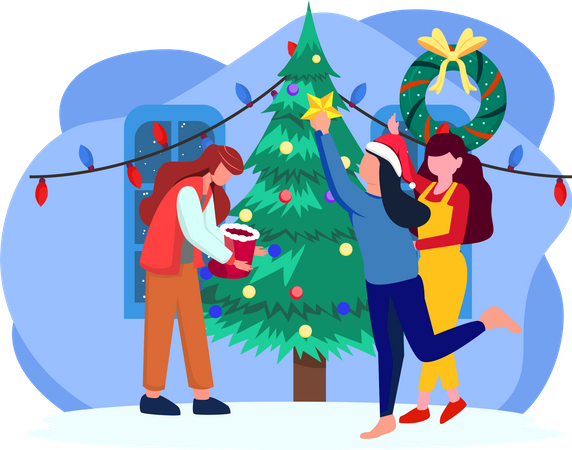 Gente decorando el árbol de navidad  Ilustración